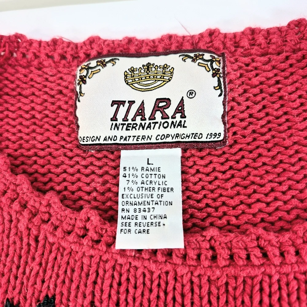 Vintage Tiara International Red Embroidered Beaded Christmas Tree Ugly Sweater L - Picture 4 of 9